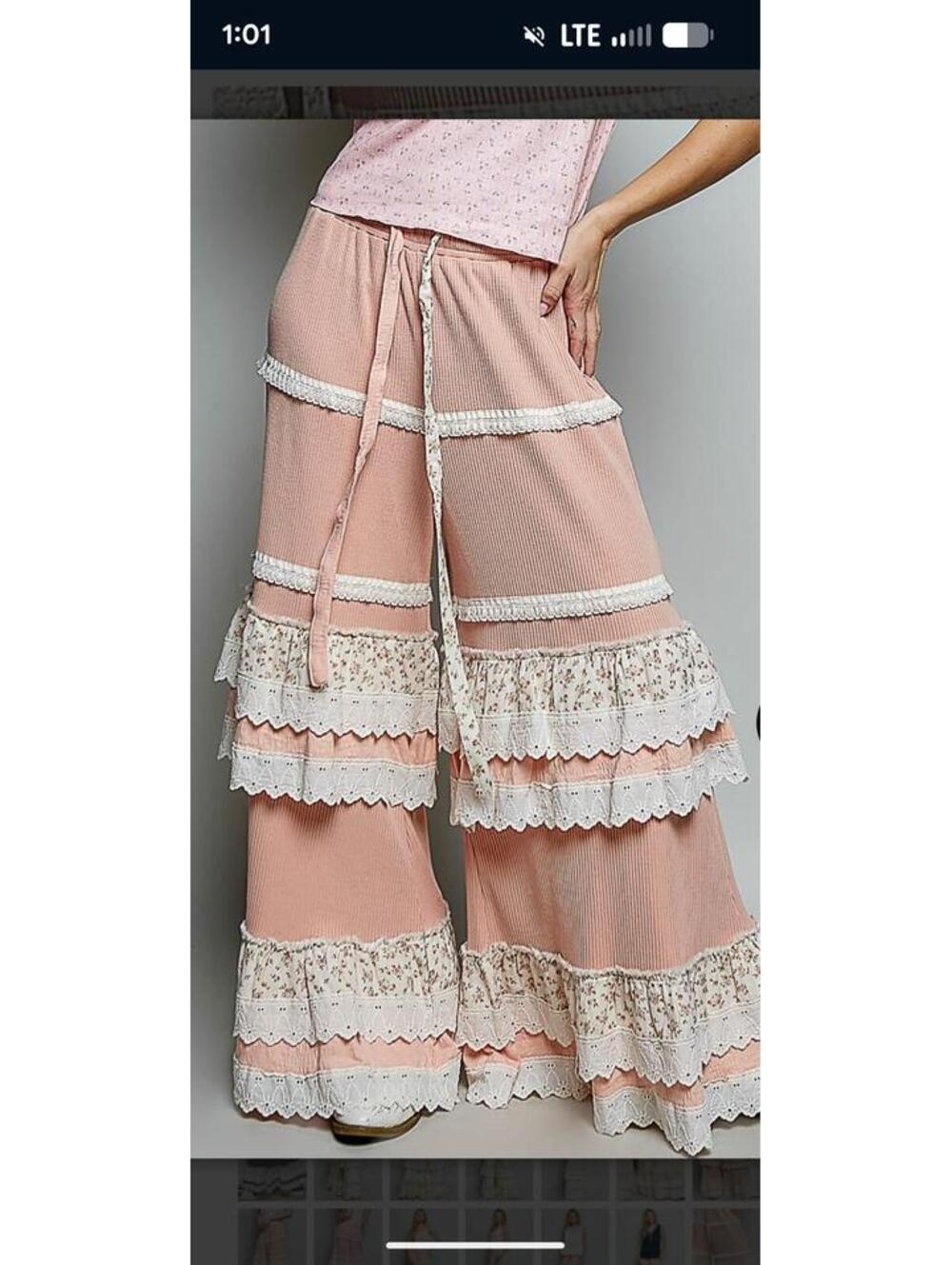 POL Pink Knit Tiered Ruffle Lace Wide Leg Boho Pants Floral Cottagecore Sz Large